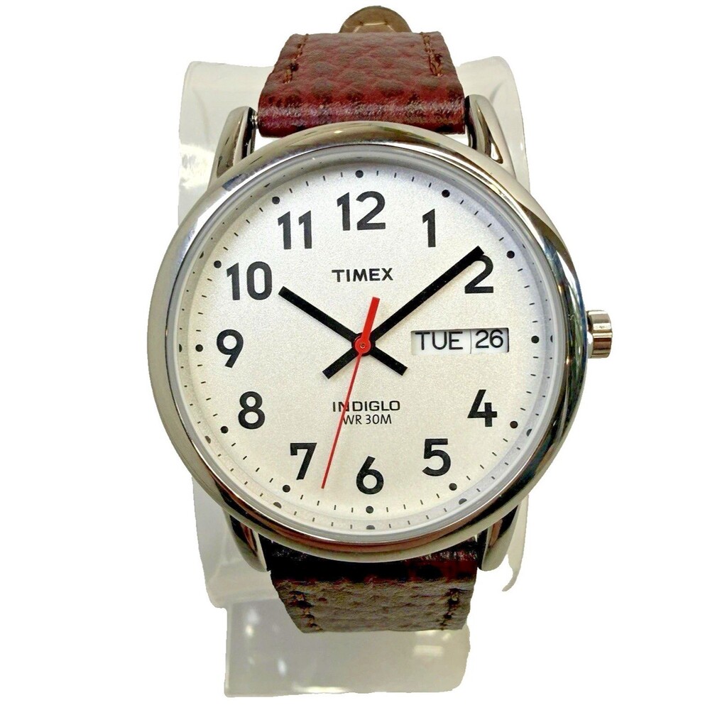 TIMEX Men's Watch T20041 Easy Reader Day/Date Silver Brown Leather 34mm NEW